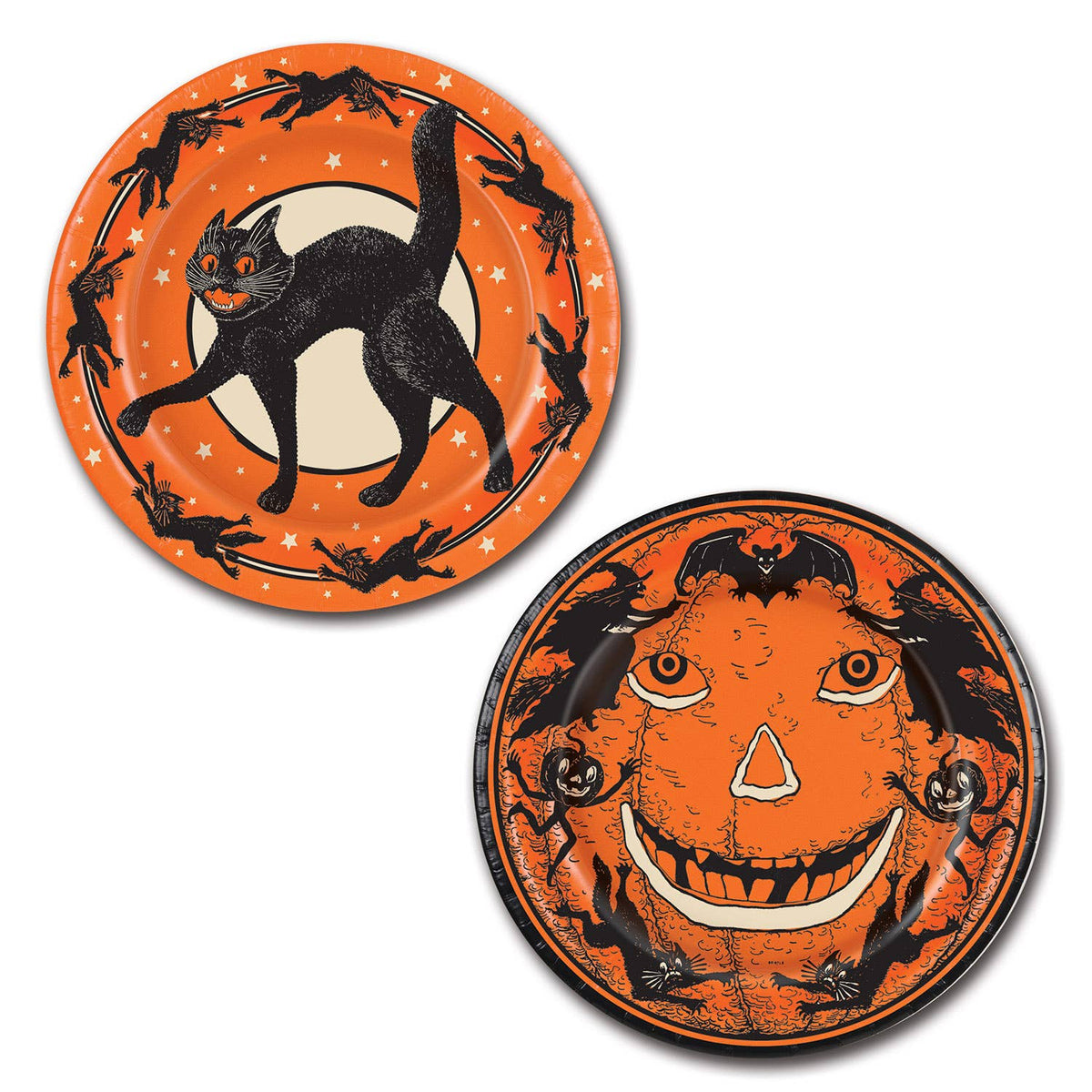 Vintage Halloween 9" Plates - Cat and Jack-O-Lantern Designs